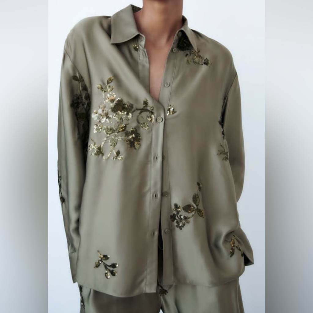 Zara Sequined Viscose Shirt, Olive Green, Size Medium